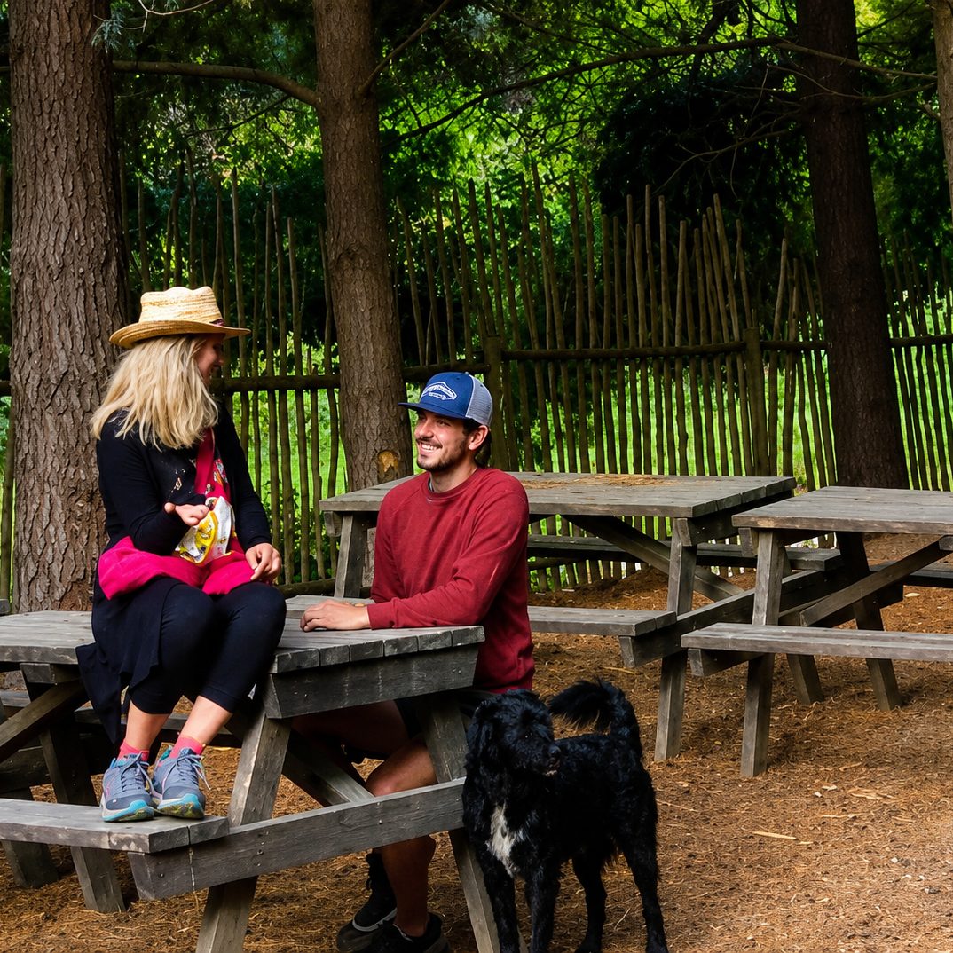 Pareja y su perro junto a las mesas de un sitio del camping