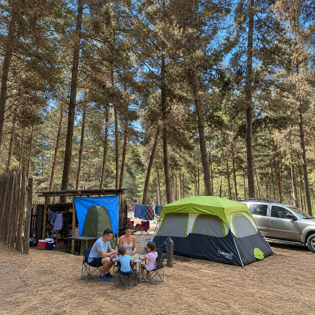 Familia en su sitio con carpa a la sombra de los pinos