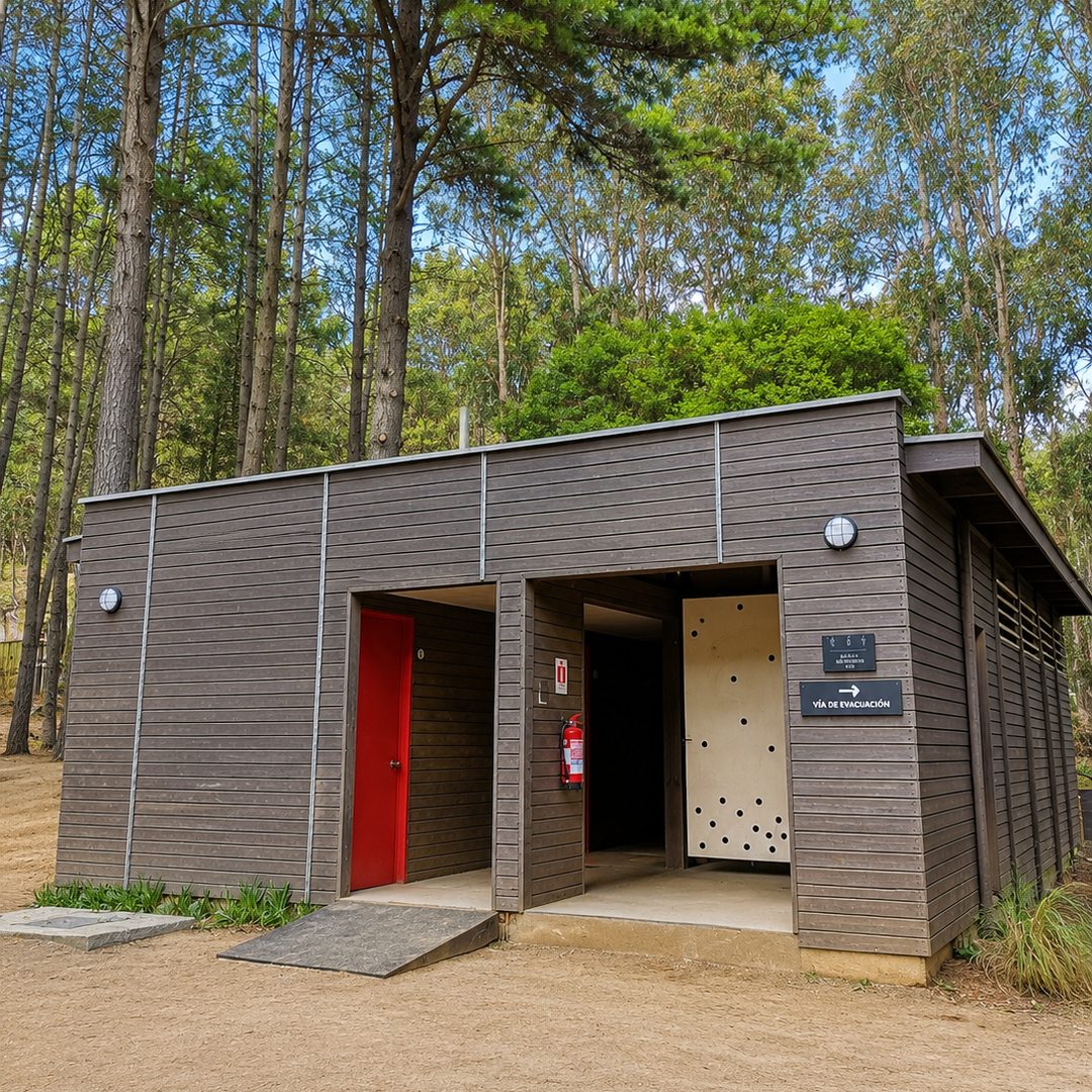 Edificio de baños del camping entre los pinos